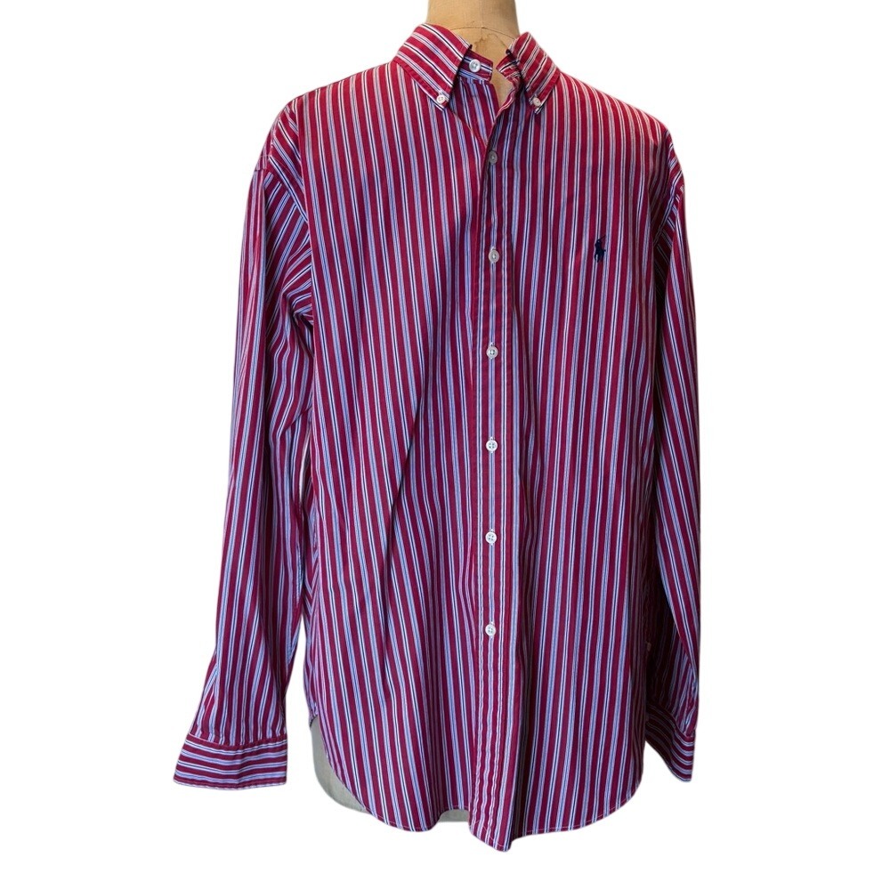 Ralph Lauren Mens Classic Fit Striped Button Down Shirt Red Blue White Large